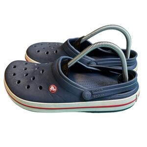 Crocs Crocband Navy Blue White & Red Line Slide On Clogs Men Sz 10 Women Sz 12